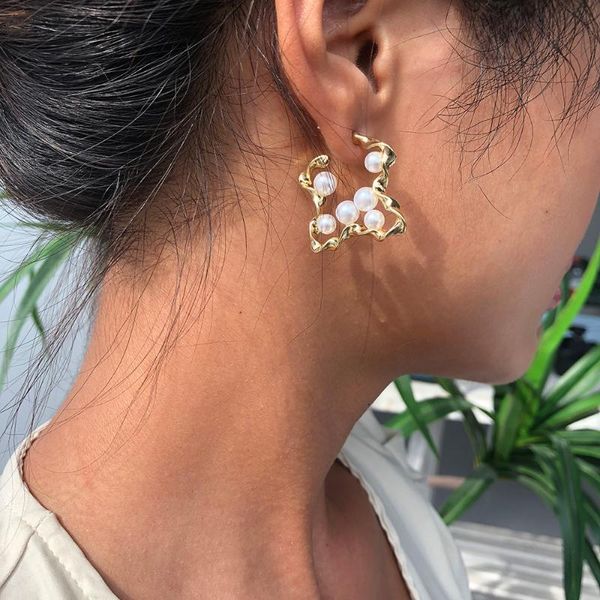 

lalynnly simulated pearl hoop earrings for women girls fashion gold color geometry earrings statement wide jewelry gifts e8456, Golden;silver