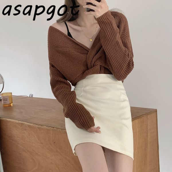 

women's tracksuits asapgot vintage autumn qualities fashion long sleeve v neck pullovers sweater high waist skirts mini 2 pieces se, Gray