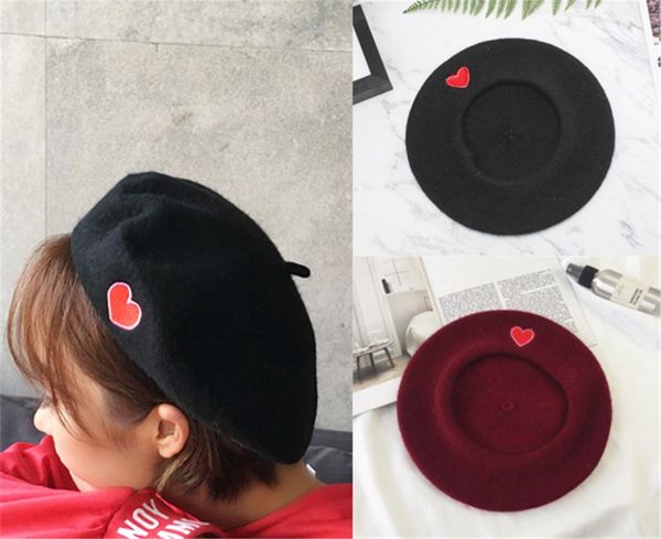 

autumn winter vintage black cute heart embroidery beret women artist cap ladies wool hat headwear berets, Blue;gray