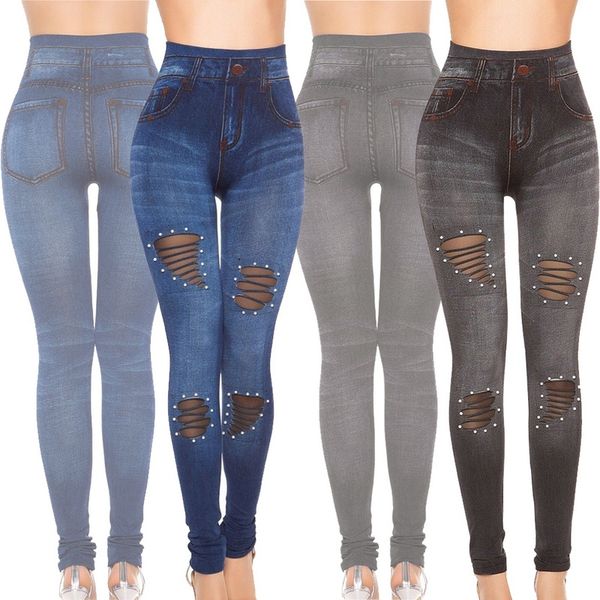 

yoga outfits 2021 women hole tight long imitation jeans simple high waist slim pants elastic soft gym legging fitness waisted jeggings, White;red