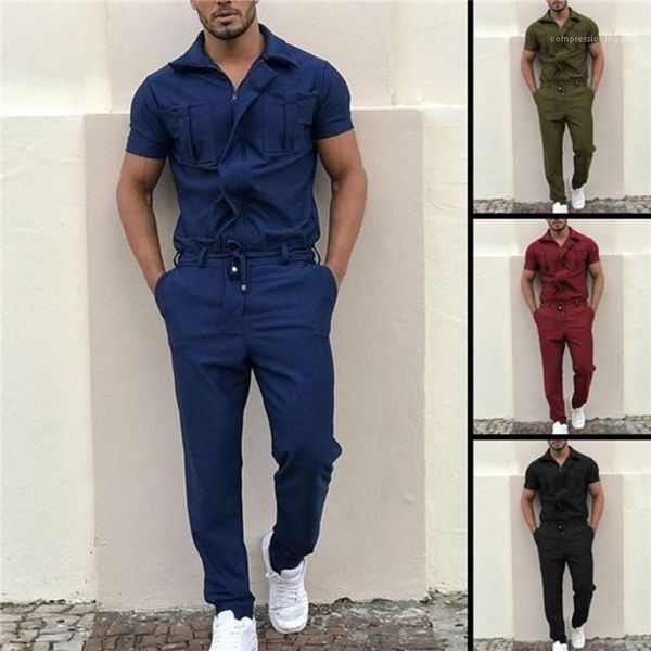 

casual jumpsuit zipper lapel short sleeve slim fit trousers fashion jumpsuit mens solid color, Gray