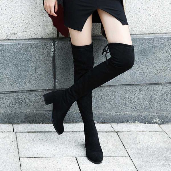 

elastic flock slim fit over the knee boots women 2020 winter thigh lace up ladies high heel chunky heel long thigh high botas, Black