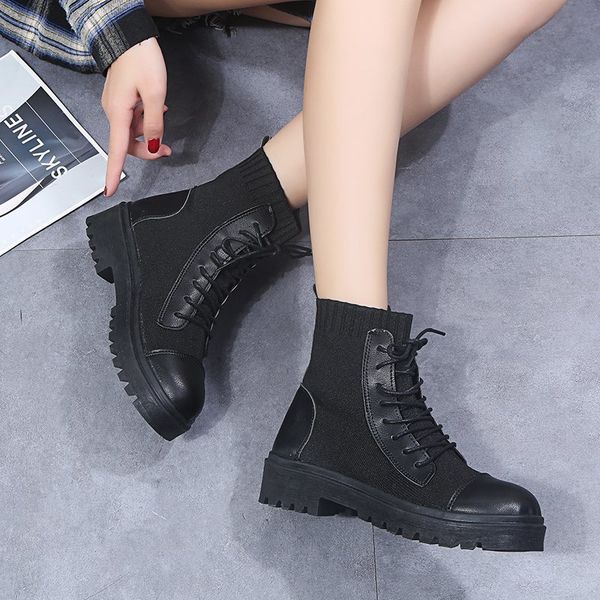 

boots female womens shoes ankle 2020 autumn british style leather flat platform boots motorcycle shoes for women, Black