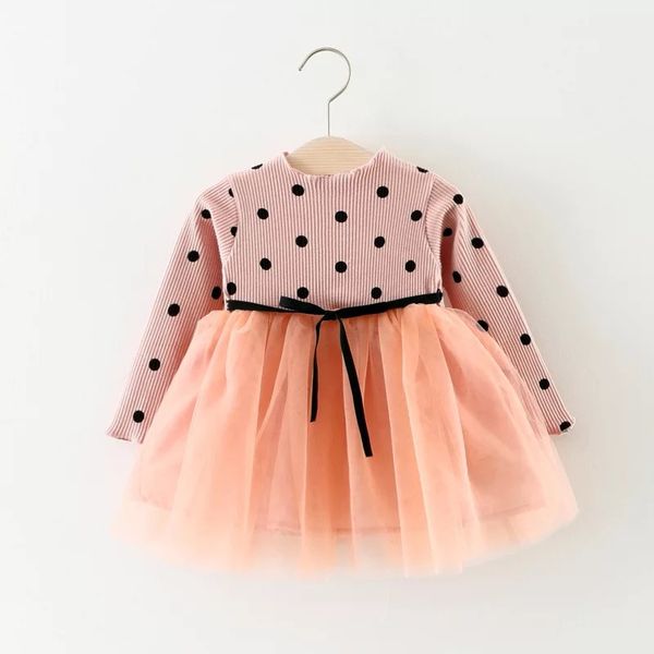 

autumn newborn baby dress dot print bow knitting mesh tutu party dresses fashion baby girl clothes girl princess dresses, Red;yellow