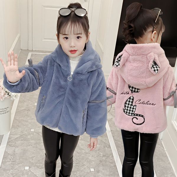 

baby girl clothes fur sweater sweater coat coat children plus velvet thick warm cartoon cat hooded cotton girl clothes, Blue;gray