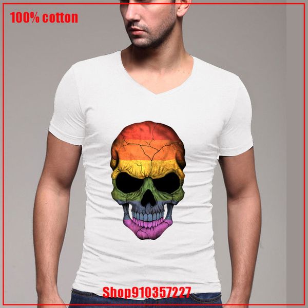 

gay pride rainbow flag skull v-neck t shirt letter print gift tee shirt male cotton funny t shirt creative design summer