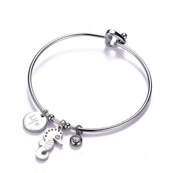 

seahorse round crystal pendant bracelet bangle for women love heat buckle stainless steel bangle jewelry girls gift pulseiras, Black