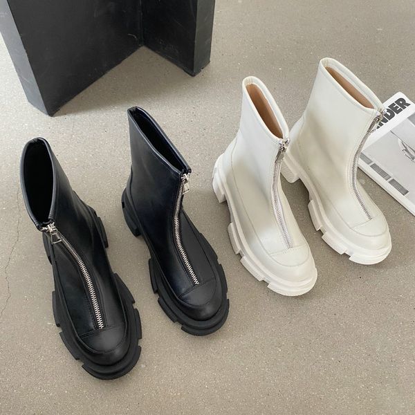 

dxfan round toe platform motorcycle boots women front zipper ankle boots for women solid black punk goth