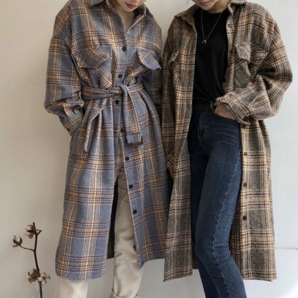 

Women Autumn Winter Long Woolen Plaid Shirt Coat Long Sleeve plus size Bandage Elegant Overcoat Outwear vintage Jacket Cloak