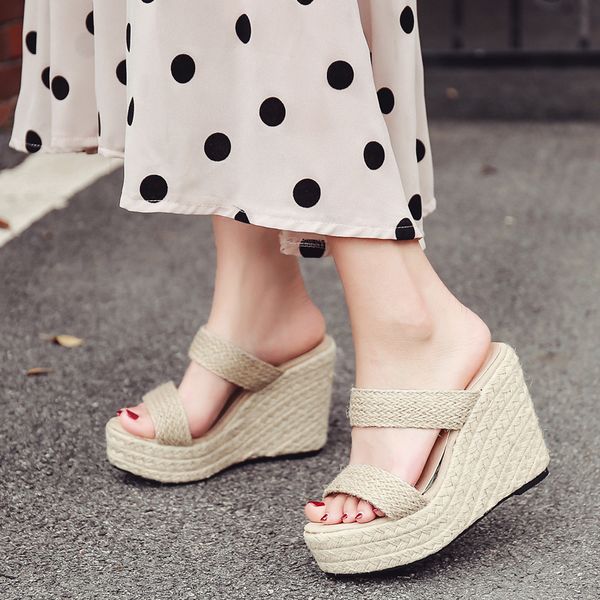 

women summer slippers wedge shoes womens mules with heels flip flops wedges striped shoes women flip flops sandals women, Black
