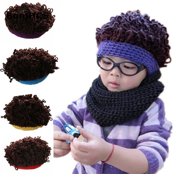 

bomhcs cute baby's wig beanie 100% handmade knitted crochet curly kid's hat halloween children's day gift, Blue;gray