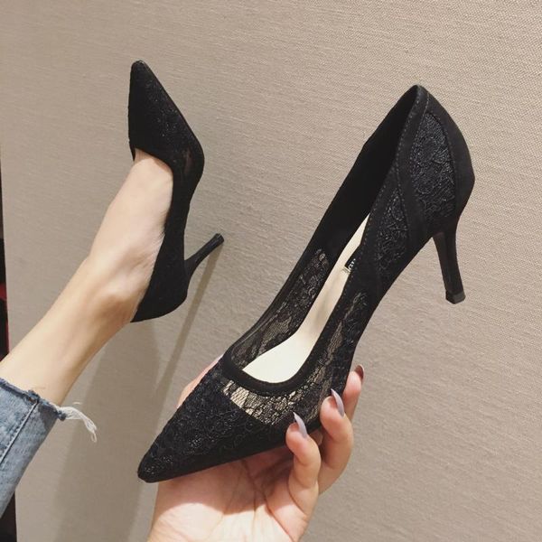 

wedding women shoes mesh mixed color tacones slip on shallow pump embroider lace pointy toe stiletto high heels bride shoes, Black