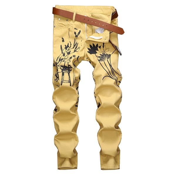 

men's jeans slim lotus flower bird printed fashion chinese painting yellow stretch denim pants, Blue