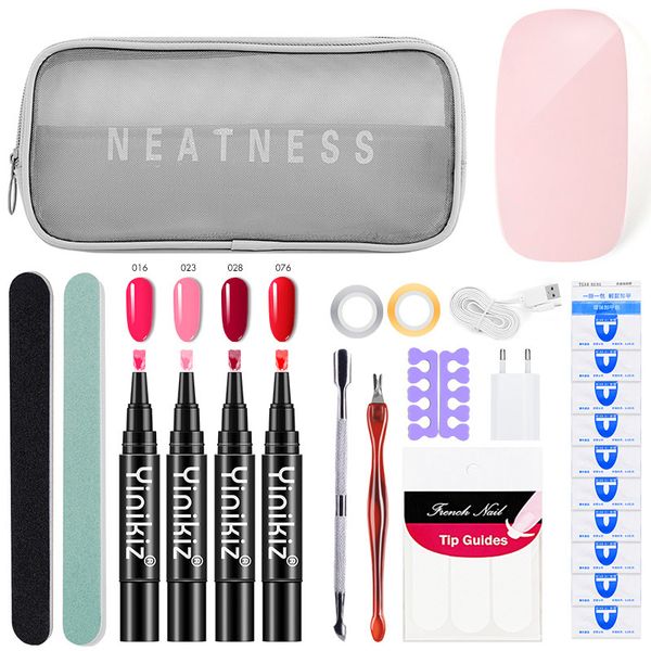 

new nail art tool set one step gel pen 6w mini nail lamp french sticker file dead skin fork sanding strip storage bagt, Red;pink