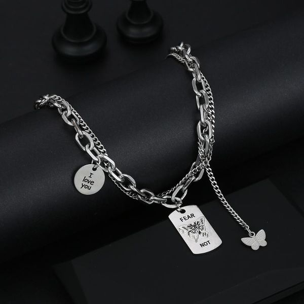 

pendant necklaces fashion titanium steel double butterfly necklace female simple temperament clavicle chain, Silver