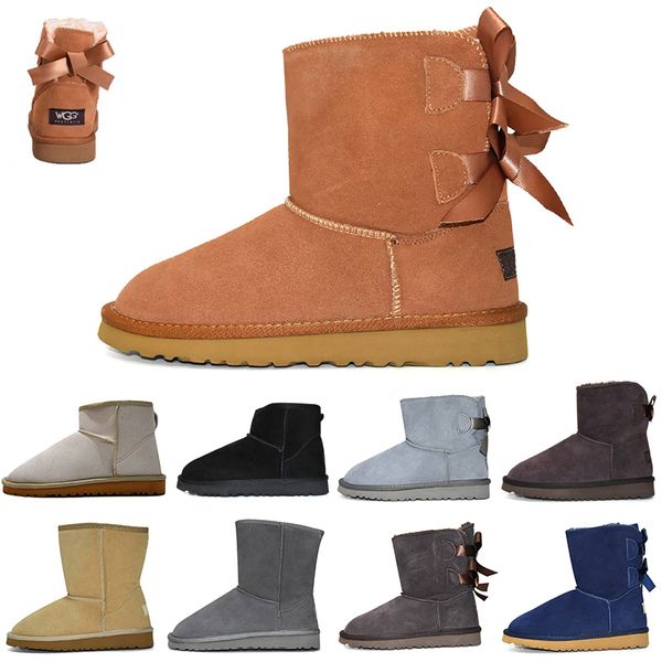 

fashion women winter leather short bowtie snow boots ribbons classic mini women boots kneel half ankle chestnut beige grey womens shoes, Black