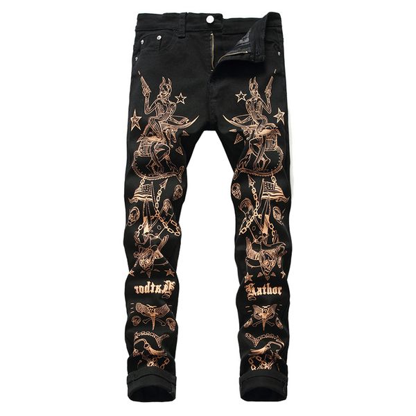 

moruancle men's slim 3d print jeans fashion beauty flag skull painted black stretch denim pants, Blue