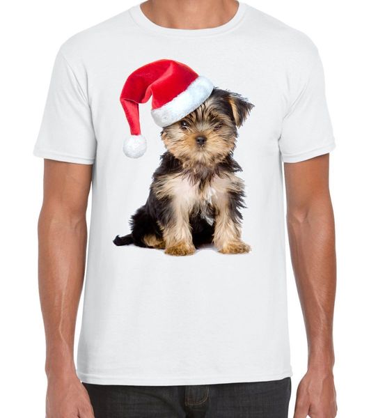 

yorkshire terrier with santa claus hat christmas men's t-shirt cartoon t shirt men new fashion tshirt ing