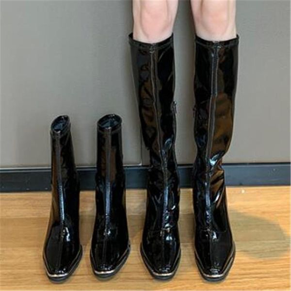 

new autumn winter women thick high heels knee high boots fashion patent leather long boots square toe side zip woman botas mujer, Black