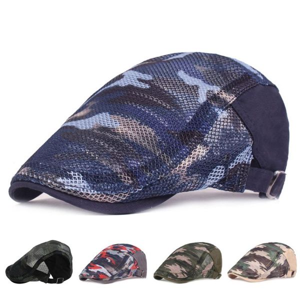 

men women colored camouflage duckbill beret cap hollow breathable mesh summer adjustable cabbie newsboy driving hunting flat hat, Blue;gray