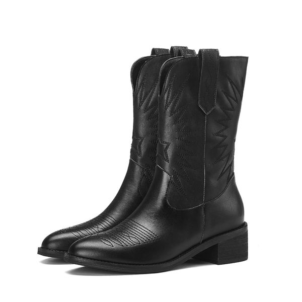 

2020 genuine leather ankle boots women point toe kitten heels short boots winter/autumn cowboy knight woman, Black