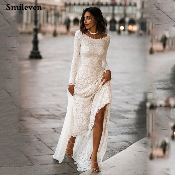 

Smileven Mermaid Wedding Dresses 2020 Long Sleeve Lace Wedding Gowns Backless Bride Dress vestido de noiva Boho Style, White