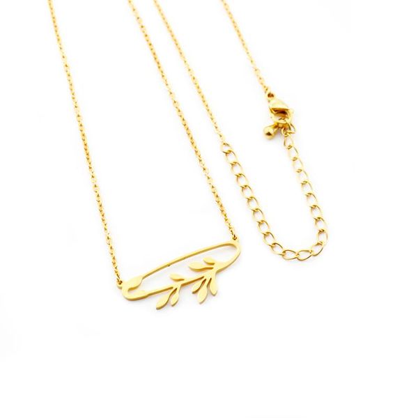 

original design branch leaves with safety pin pendant necklace women kolye jewelry stainless steel gold ketting boho necklace, Silver