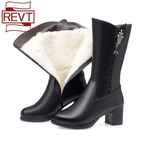 

revt woman winter wool boot knee high black 6cm rubber boot for women's shoes lady puls size 41 42 43 fashion style