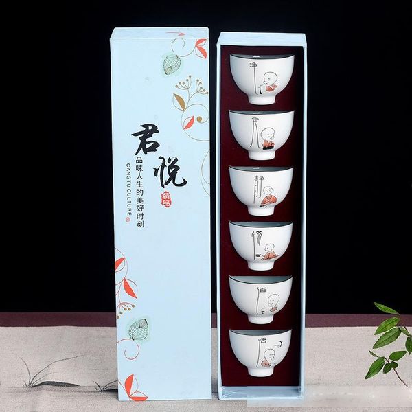 

zen porcelain tea cups gift set of 6 traditional kong fu teacups small monk and chinese calligraphy design asian housewarming gift