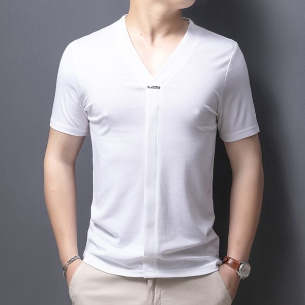 

summer new t- men's v-neck short-sleeved t-shirt solid color korean style trendy half-sleeved base shirt ice silk thin men's mxegv, Blue