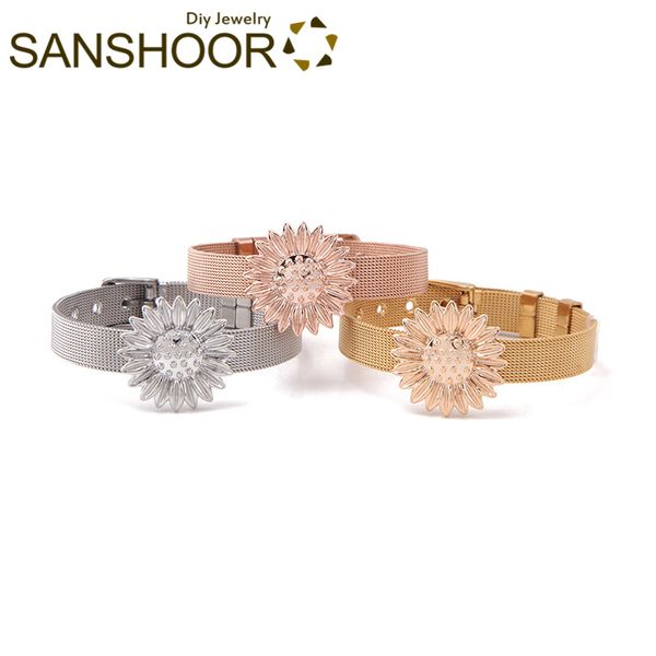 

tennis sanshoor large sunflower keeper bracelet set with 21cm stainless steel mesh armband for women christmas gifts 1set, Golden;silver