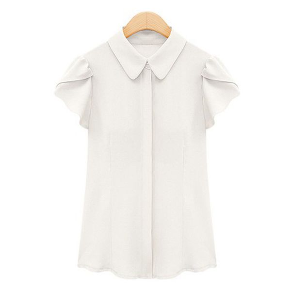 

2020 summer blouses women chiffon shirt peter pan collar ladies office shirt white pink ruffle short sleeve quality