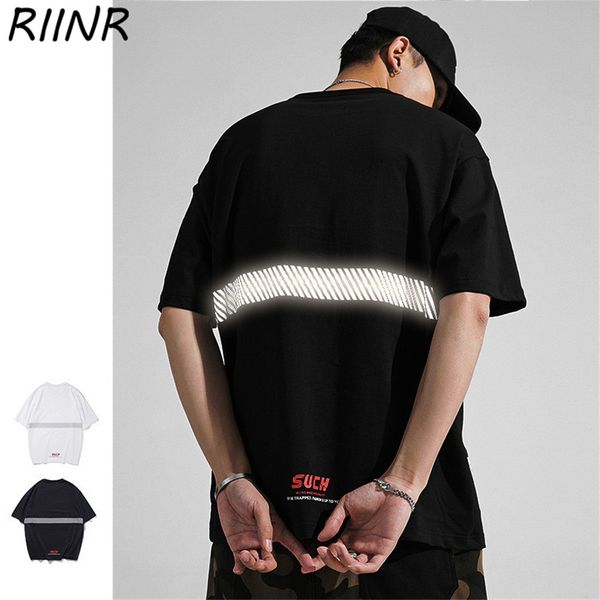 

riinr 2020 men's reflective striped round neck cotton loose printed short-sleeved t-shirt street style