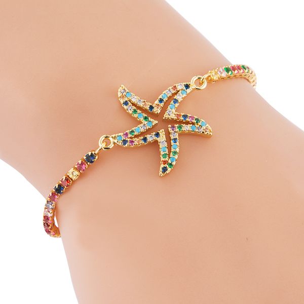 

charm bracelets 2021 creative starfish rainbow zircon bracelet temperament women copper adjustable jewelry, Golden;silver