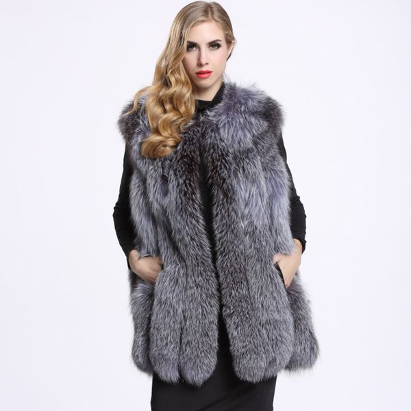

savabien faux fur coat women 2020 autumn winter warm fake fur vest sleeveless jacket solid elegant long overcoat furry coats, Black