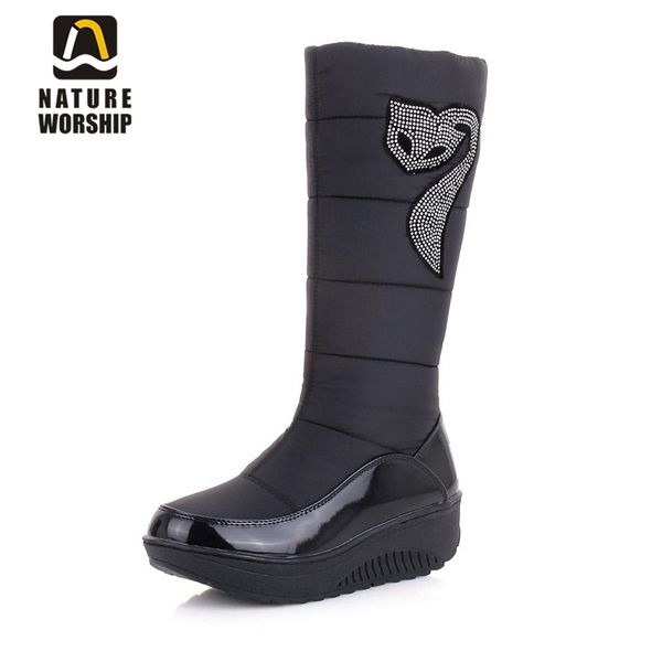 

women shoes warm cotton down waterproof boots fashion crystal snow boots fur slip-on platform knee-high winter, Black