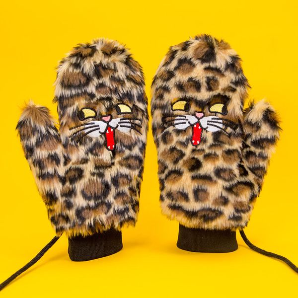 

women winter warm cute cartoon cat cashmere full finger embroidery mitten female wool knit plus velvet thick leopard gloves c43, Blue;gray
