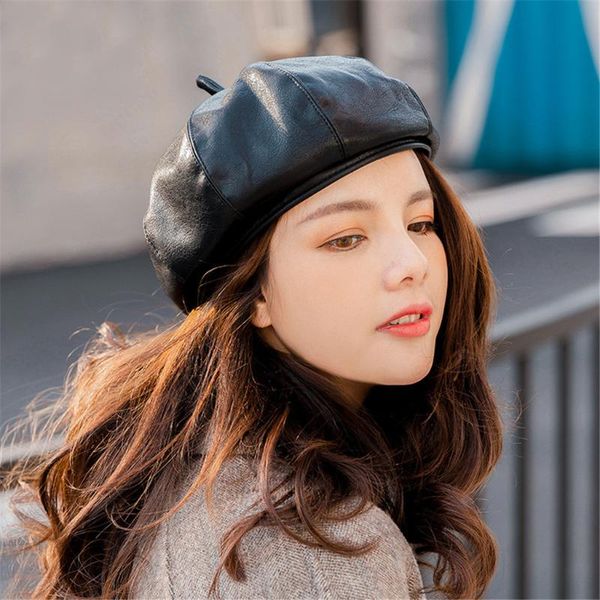 

lady autumn winter berets hat french artist retro style warm female pu leather beanie hat solid color headwear berets, Blue;gray