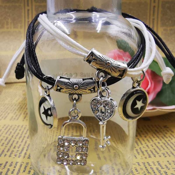 

charm bracelets 2pcs=1 pair of cross pendant european and american fashion adjustable pu rope chain under the moon luminous bracelet, Golden;silver