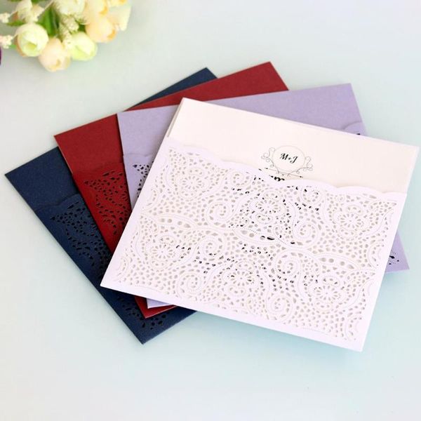 

new 10pcs/lot lace pocket wedding invitations cards square laser cut flower greeting card invitations card event party