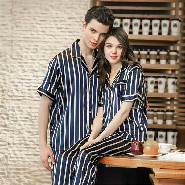 

men's sleepwear home service suit couple pajamas striped spring and summer short-sleeved trousers 2021, Black;brown