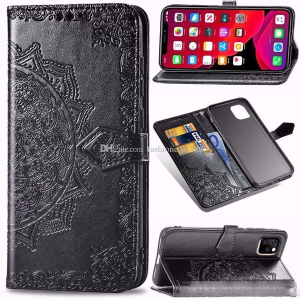 

imprint mandala flower holder card id slot flip cover for iphone 11 pro max xr xs max 6 7 8 plus samsung s10 plus s10e note10 plus s9 note9