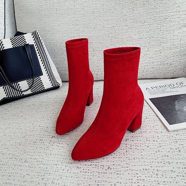 

2020 women stretch cloth ankle boots autumn fashion female black flock short boots elegant beige red for women shoes