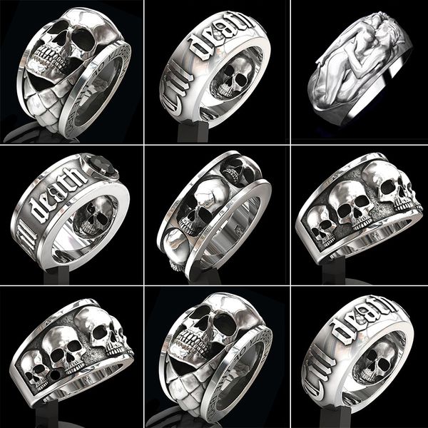 

cluster rings retro gothic punk men fashion skull death male jewelry halloween accessories gifts anillo hombre bijoux o5g, Golden;silver