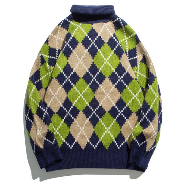 

mens vintage turtelneck sweaters streetwear hiphop autumn casual men knitwear harajuku oversize loose plaid square grid pullover, White;black