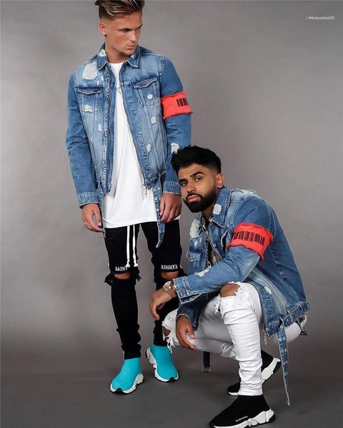 

streetwear teenager designer jean jackets fashion ripped distrressed zipper fly jean jackets hip hop casaul mens, Black