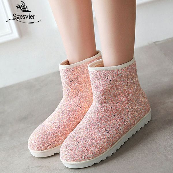 

sgesvier winter snow boots women boots warm plush glitter flat ankle bling round toe shoes ladies gold pink size 34-43, Black