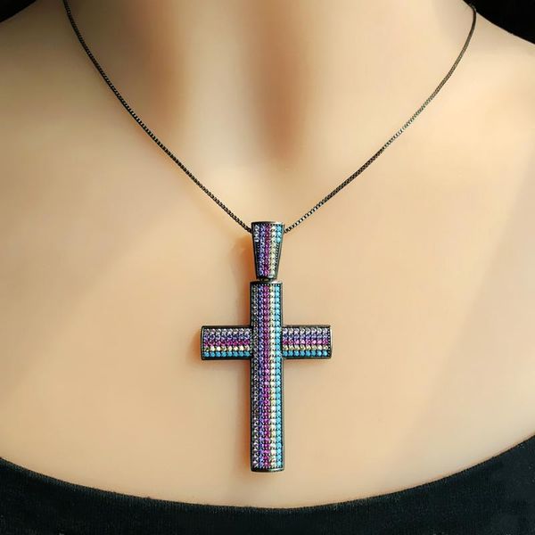 

multi color big cross pendant necklace for women full pave natural blueturquoise stone colourful cubic zirconia necklace jewelry, Silver