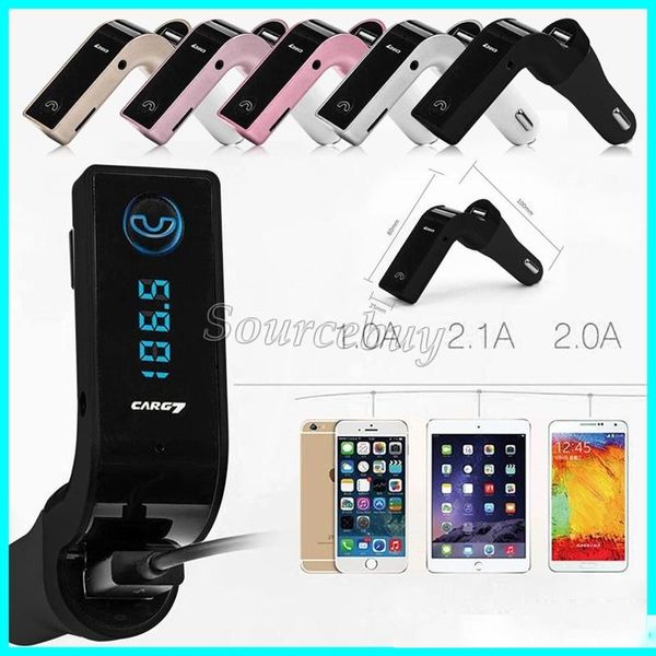 

newly fashion g7 bluetooth car kit handsfm transmitter radio mp3 player 2.1a usb car charger & aux tf cards slots for smartphone