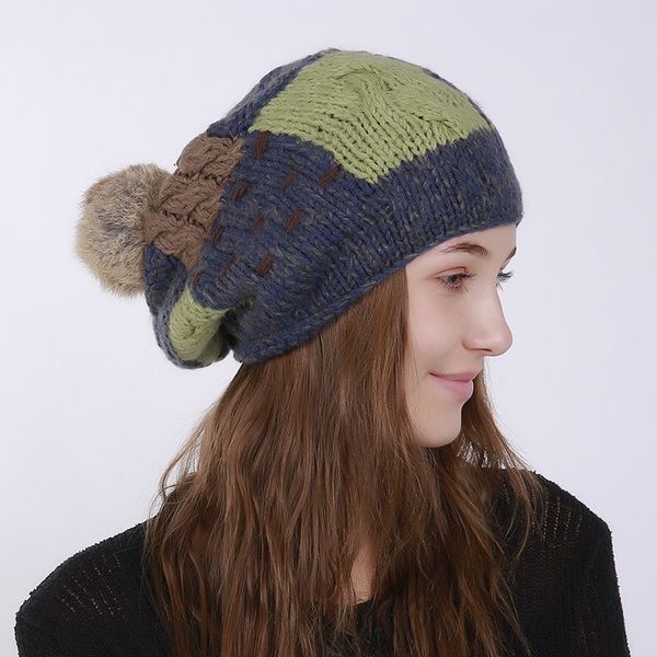 

beanie/skull caps mingjiebihuo autumn and winter patch to do the old hair ball wool hat pure hand-woven single layer warm women, Blue;gray